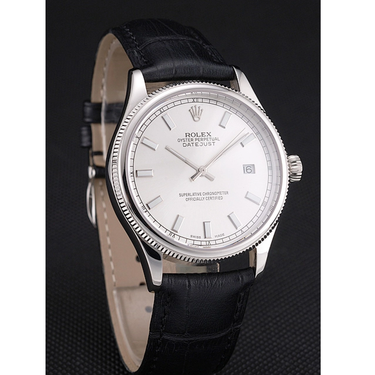 Aaa replica watch Rolex Steel Dial White Strap Stainless Leather Swiss Datejust Black Case 0803
